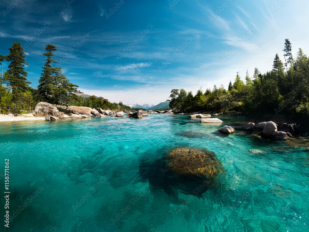 Serene river flows through a pristine landscape. Crystal-clear turquoise water, smooth rocks, and lush greenery create a breathtaking vista under a vibrant blue sky. The scene evokes tranquility and Serene river flows through a pristine landscape. Crystal-clear turquoise water, smooth rocks, and lush greenery create a breathtaking vista under a vibrant blue sky. The scene evokes tranquility and