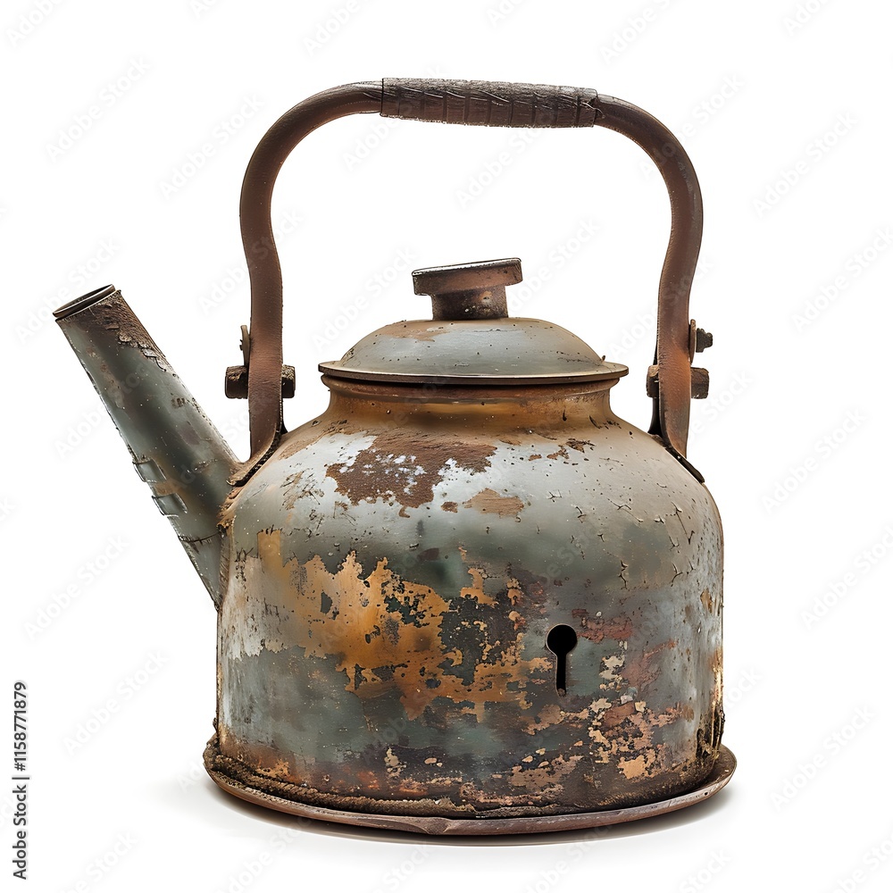 Rustic Copper Kettle: A weathered copper kettle with a worn, rustic finish and a charmingly mismatched handle. The kettle's patina and distressed surface tell a story of time and use. Rustic Copper Kettle: A weathered copper kettle with a worn, rustic finish and a charmingly mismatched handle. The kettle's patina and distressed surface tell a story of time and use.