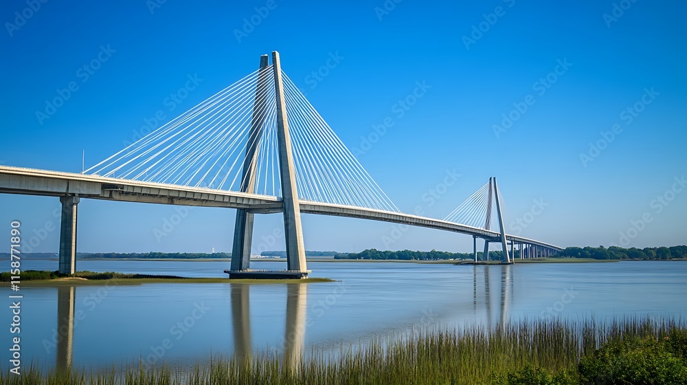Fototapeta premium Modern cable-stayed bridge spanning a calm river under a clear blue sky.