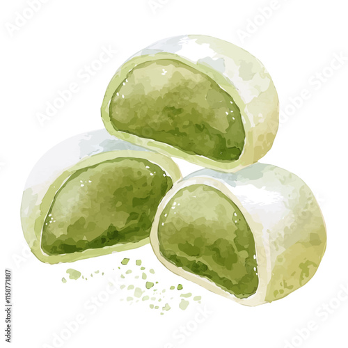 A watercolor of Japanese mochi rice cakes with sweet filling, isolated on a white background. Mochi vector.
