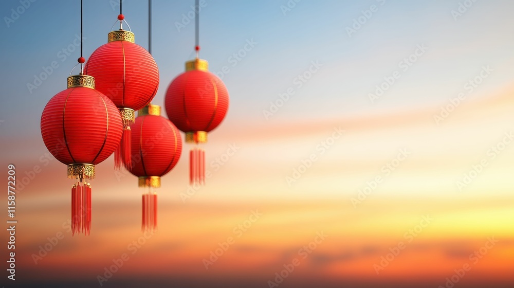 Fototapeta premium Three red lanterns hanging from the ceiling