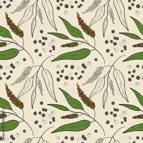 Vector seamless pattern with allspice plants. Hand drawn repeating background with pepper spice with branch, leaves and fruits of tropical tree Pimento officinalis. Food ingredient, health, aroma