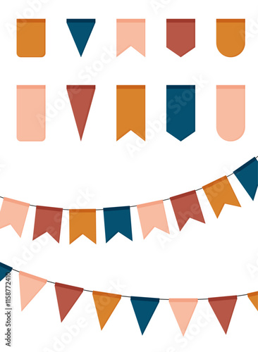 Set of pennants in different shapes and colors to celebrate an event such as a birthday or party. Colorful and modern festive elements