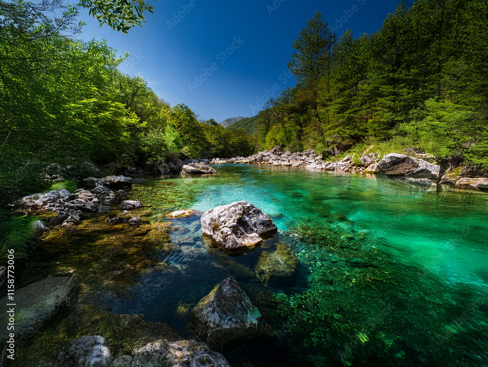 A serene river flows through a lush green valley under a vibrant blue sky. Sunlight illuminates the crystal-clear water, revealing the riverbed below. Rocks line the banks, adding to the natural bea A serene river flows through a lush green valley under a vibrant blue sky. Sunlight illuminates the crystal-clear water, revealing the riverbed below. Rocks line the banks, adding to the natural bea