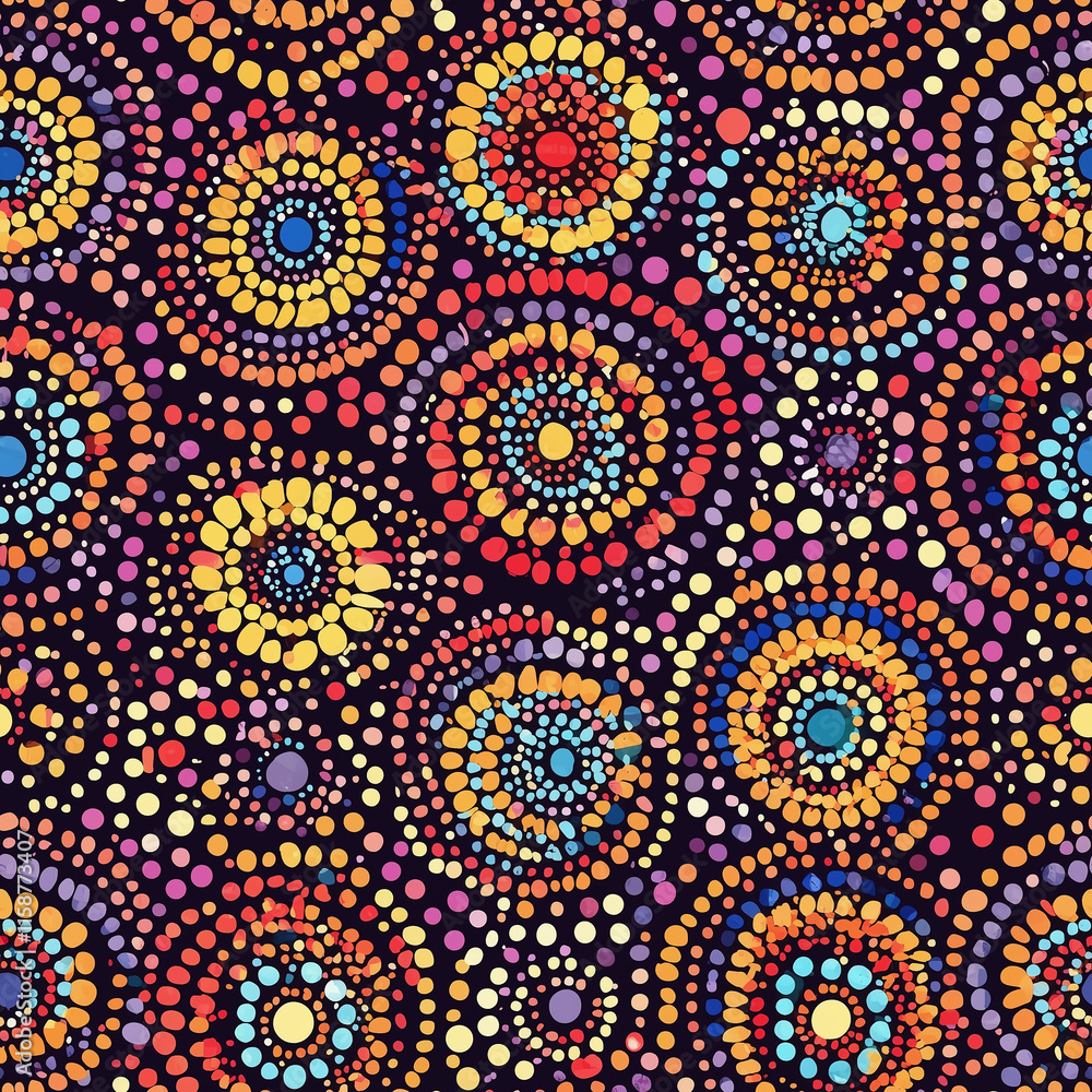 Colorful abstract pattern featuring concentric circles and dots on a dark background, creating a vibrant and artistic design. Colorful abstract pattern featuring concentric circles and dots on a dark background, creating a vibrant and artistic design.