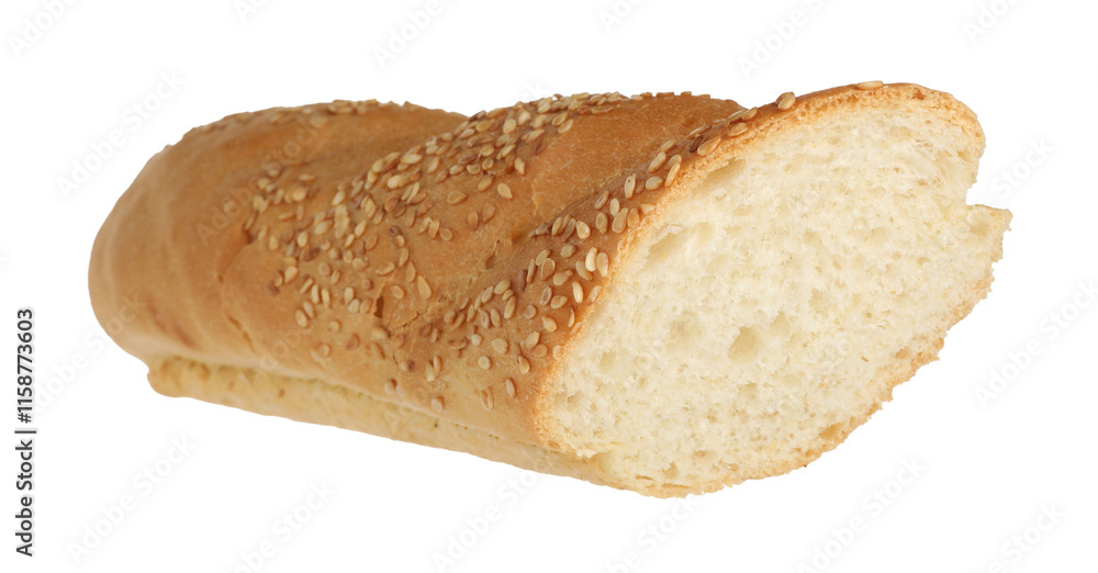 Cut fresh baguette with sesame isolated on white Cut fresh baguette with sesame isolated on white