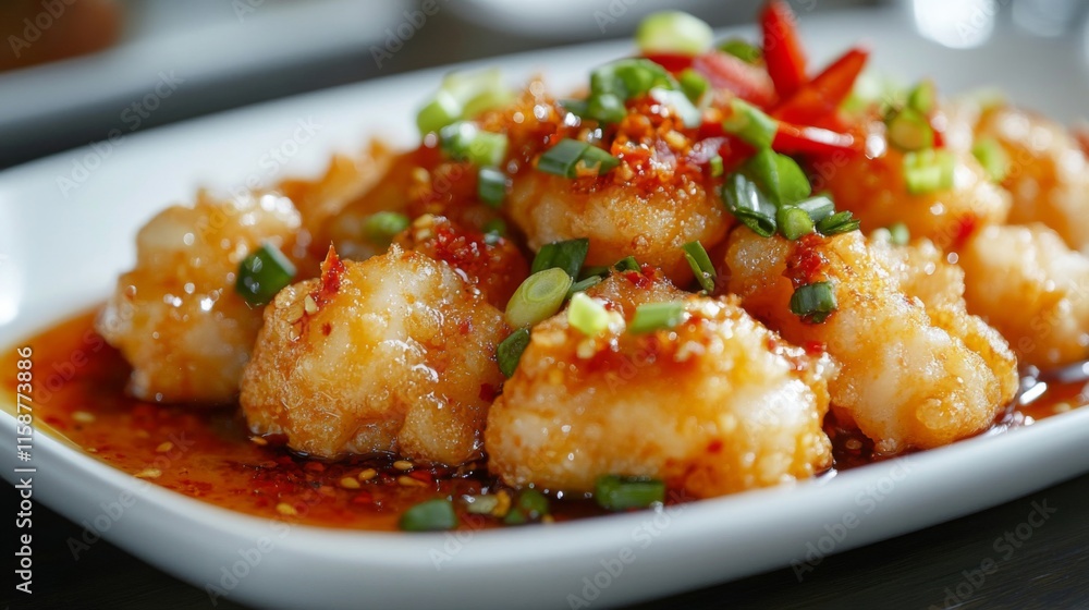 Spicy Garlic Shrimp With Scallions and Chili Garnish Spicy Garlic Shrimp With Scallions and Chili Garnish