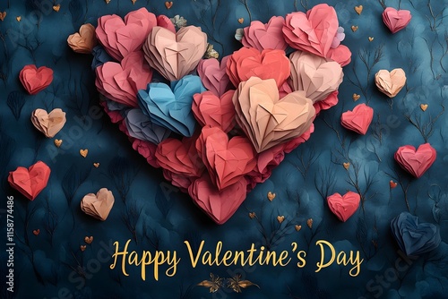 a large heart composed of pink, red, and blue origami hearts against a textured black fabric background with "Happy Valentine’s Day" text. valentine banner, love