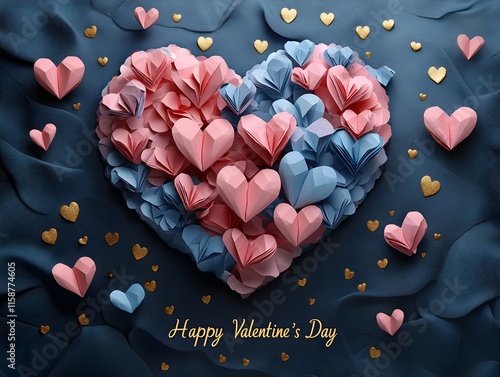 a large heart composed of pink, red, and blue origami hearts against a textured black fabric background with "Happy Valentine’s Day" text. valentine banner, love