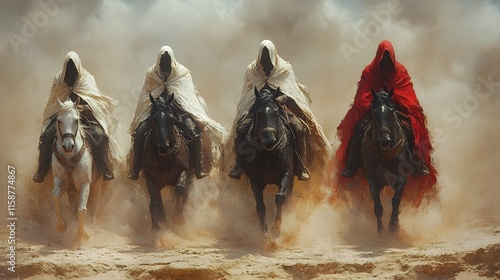 hooded men on horseback galloping through a swirling desert storm. mystery and power, horsemen at desert photo