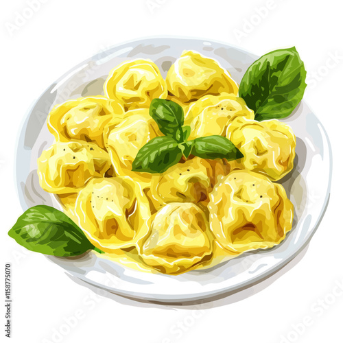 A watercolor illustration of Italian tortellini with cream sauce, isolated on a white background. Tortellini vector.
