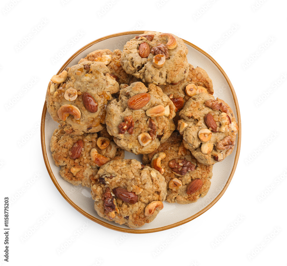 Tasty cookies with nuts isolated on white, top view Tasty cookies with nuts isolated on white, top view