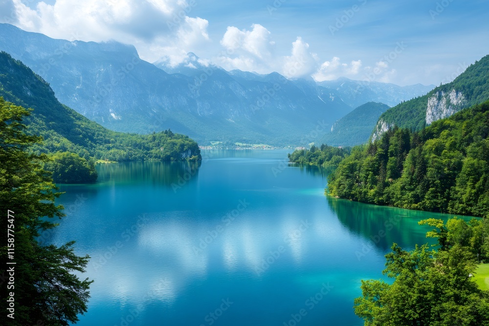 Breathtaking lake bohinj surrounded by julian alps reflecting majestic clouds on sunny summer day Breathtaking lake bohinj surrounded by julian alps reflecting majestic clouds on sunny summer day
