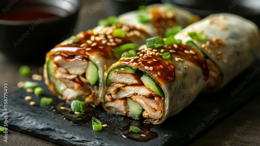 Delicious Peking Duck Wraps With Cucumber And Sesame Seeds Delicious Peking Duck Wraps With Cucumber And Sesame Seeds