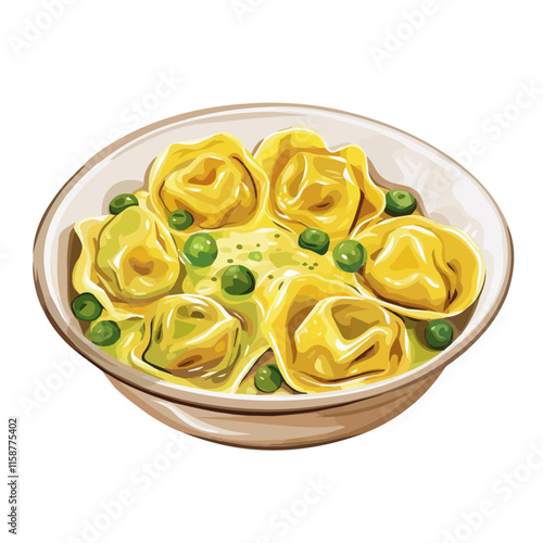 A watercolor clipart of Italian tortellini with cream sauce and peas, isolated on a white background. Tortellini vector.
