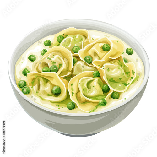 A watercolor clipart of Italian tortellini with cream sauce and peas, isolated on a white background. Tortellini vector.
