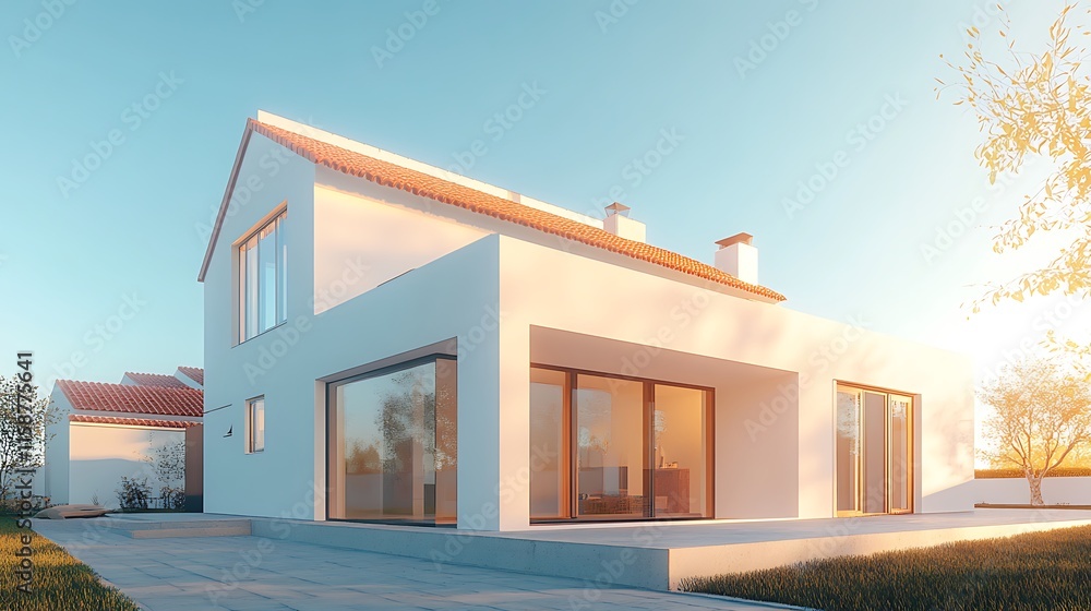Modern white house with large windows and terracotta roof at sunset. Modern white house with large windows and terracotta roof at sunset.