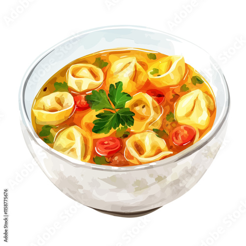 A watercolor painting of Italian tortellini with creamy sauce, isolated on a white background. Tortellini vector.
