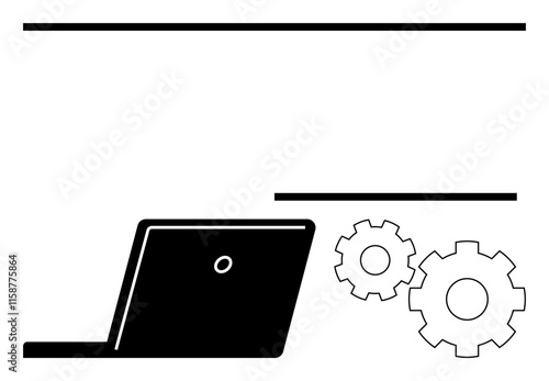 Laptop beside two gear wheels indicating technology, automation, and productivity. Ideal for technology, business, automation, engineering, productivity, industrial and technical analysis themes