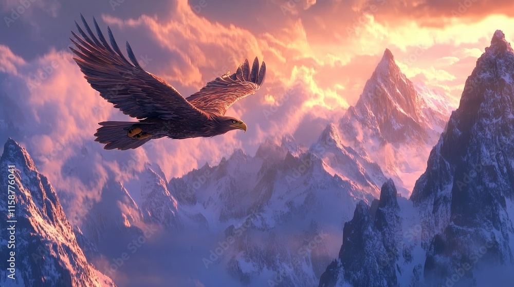 Fototapeta premium Majestic eagle soaring over snowy mountain peaks during vibrant sunset, picturesque nature scene, serene landscape photo