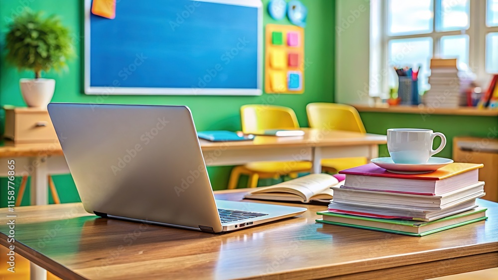 AI photo: vibrant classroom, teacher's desk tidy, lesson plans ready. AI photo: vibrant classroom, teacher's desk tidy, lesson plans ready.