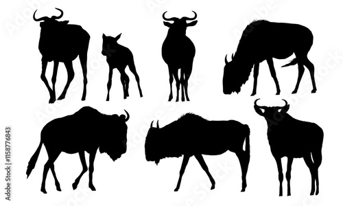 Set of blue wildebeest silhouettes. African herbivore Wildebeest gnu in different poses. Realistic vector animals
