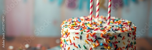 Delicious birthday cake topped with colorful sprinkles and candles on a festive table photo