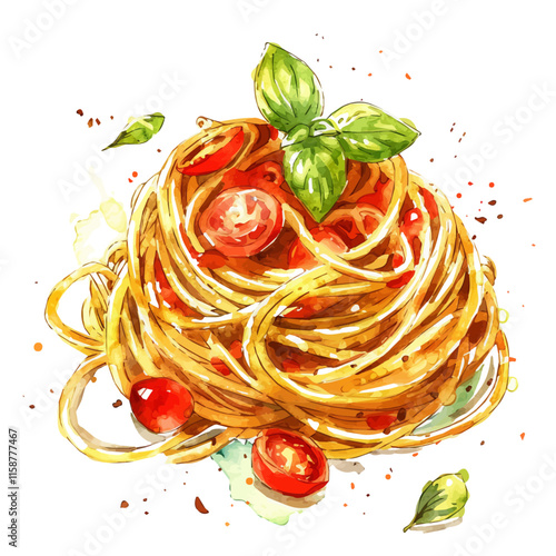 A watercolor vector of Italian spaghetti with tomato sauce and basil, isolated on a white background. Spaghetti vector.
