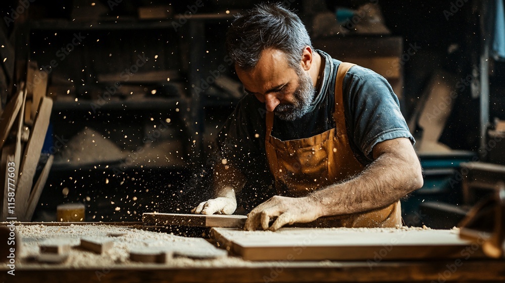 Carpenter working wood in workshop with sawdust flying Carpenter working wood in workshop with sawdust flying