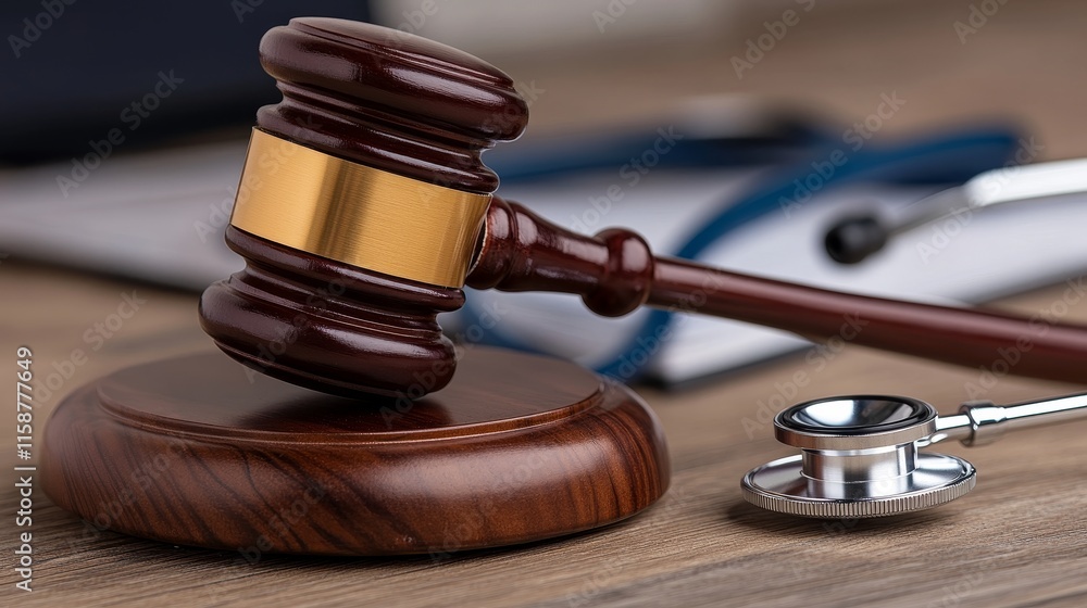 Close-Up of Wooden Gavel and Stethoscope on Wooden Table – Concept of Medical Malpractice, Medical Disputes, and Healthcare Lawsuits Close-Up of Wooden Gavel and Stethoscope on Wooden Table – Concept of Medical Malpractice, Medical Disputes, and Healthcare Lawsuits