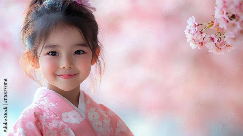 Happy girl in pink kimono, cherry blossoms. Happy girl in pink kimono, cherry blossoms.