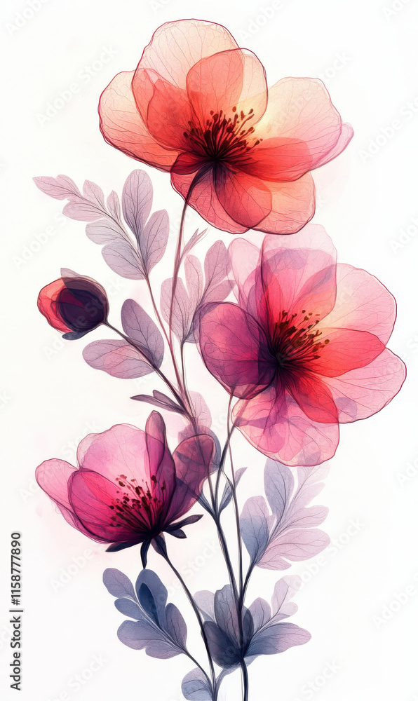Fototapeta premium Three Vibrant Flowers (Red, Pink, Green, Purple), Minimalistic Digital Illustration Against Grey Backdrop, Suitable for Design Projects