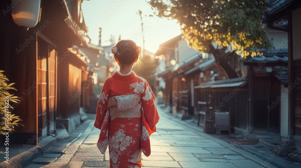 Fototapeta premium Happy japanese girl wearing kimono in autumn near temple,young girl walking in street japan,Image of Japanese tourism and travel hospitality concept.
