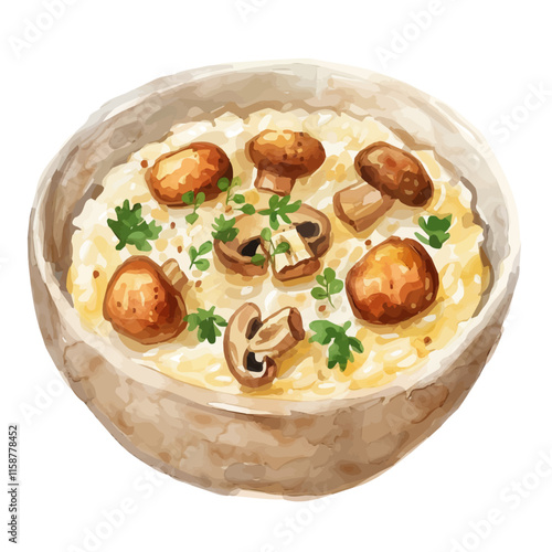 A watercolor of Italian risotto with truffle oil and mushrooms, isolated on a white background. Risotto vector.
