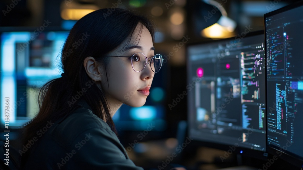 Asian woman programmer working on computer code at night in data center control room Asian woman programmer working on computer code at night in data center control room