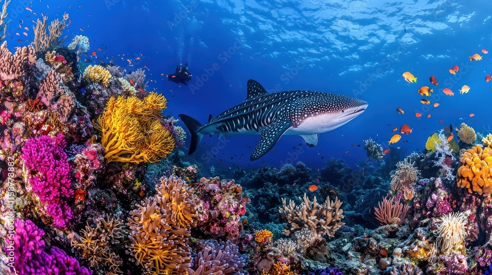 Whale shark swims over vibrant coral reef. Whale shark swims over vibrant coral reef.