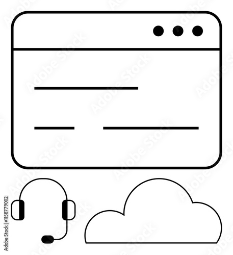 Browser interface with three buttons, headset with microphone, and cloud icon. Ideal for customer service, tech support, cloud storage, remote work, digital communication, web services and online