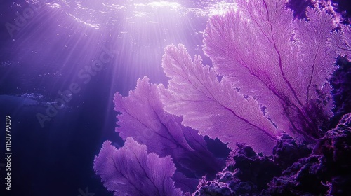 Underwater scene with sun rays illuminating purple sea fan corals.
