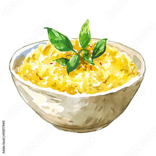 A watercolor painting of Italian risotto with saffron and parmesan, isolated on a white background. Risotto vector.
