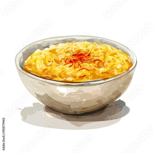 A watercolor painting of Italian risotto with saffron and parmesan, isolated on a white background. Risotto vector.
