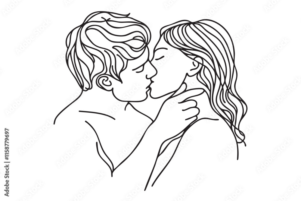 Illustration of couple kissing. One line drawing. Boy and girl kissing in one line style. Vector illustration Illustration of couple kissing. One line drawing. Boy and girl kissing in one line style. Vector illustration