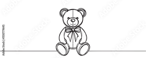 One continuous line drawing of teddy bear. Soft toy for valentine's day, birthday. Vector illustration.