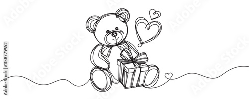 One continuous line drawing of teddy bear. Soft toy for valentine's day, birthday. Vector illustration.