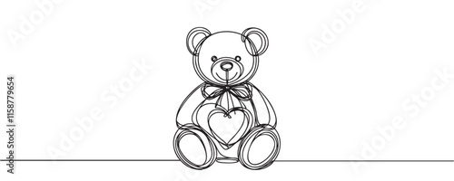One continuous line drawing of teddy bear. Soft toy for valentine's day, birthday. Vector illustration.