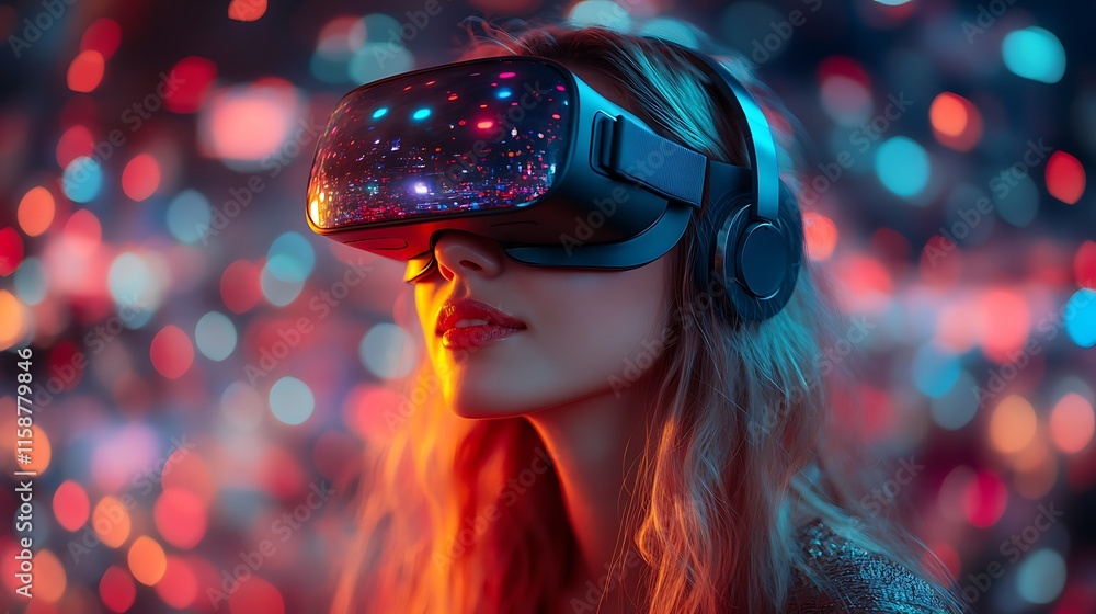 Immersive Virtual Reality Experience: A Woman Exploring a Neon Cityscape Immersive Virtual Reality Experience: A Woman Exploring a Neon Cityscape