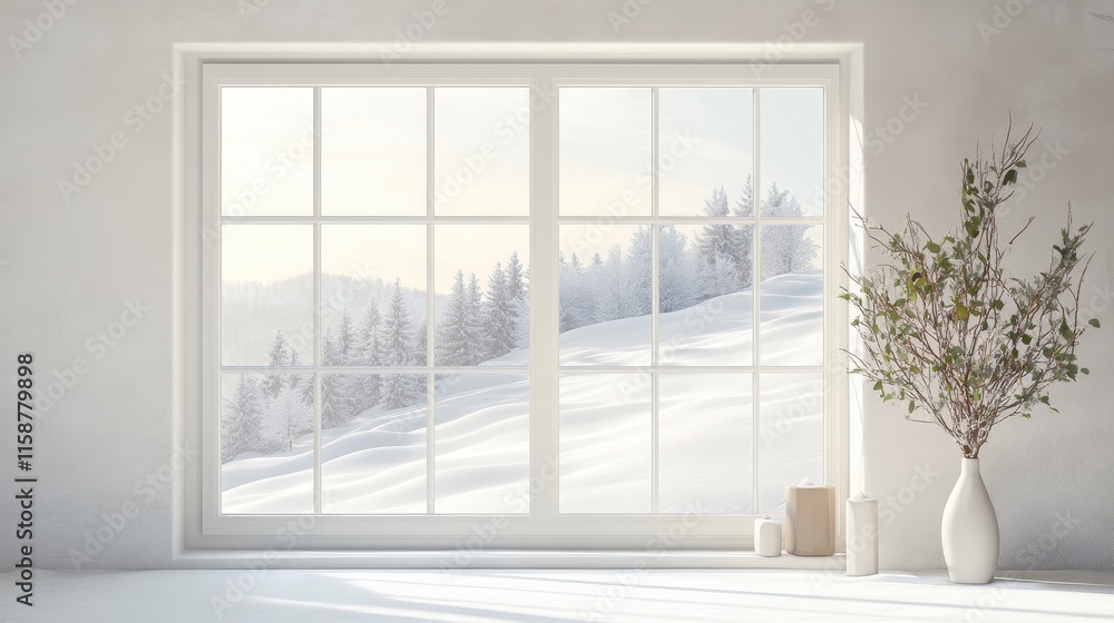 Fototapeta premium Modern residential window view of snowy background,christmas tree and gift boxes.Snowy glittering winter landscape with space for products and decorations,Happy christmas time,snowfall.