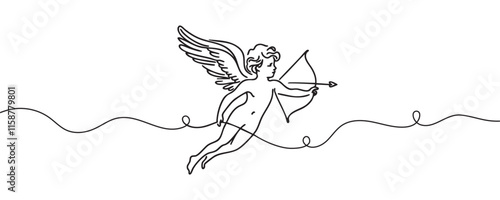 Cupid shooting arrows of love drawn in one line style. vector illustration