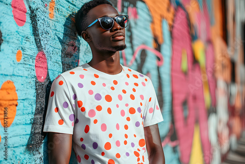 A male black model in a stylish t-shirt and glasses leaning against a graffiti-covered wall in an urban setting, with vibrant colors and a modern vibe photo