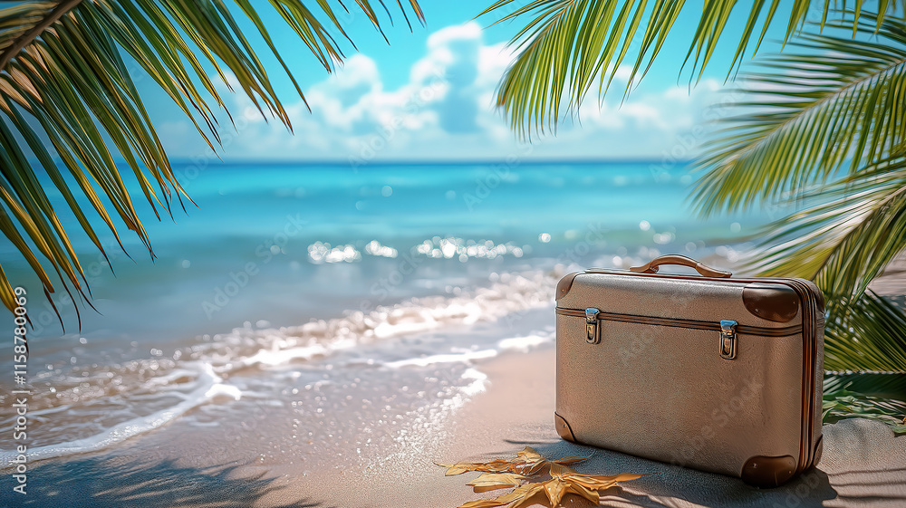 Obraz premium Travel suitcase on a tropical beach, surrounded by palm leaves and sunny sea, with a defocused
