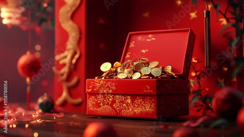 Red box overflowing with gold coins, festive setting.